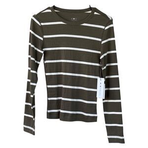Three Dots Ribbed Crew-Neck Long Sleeve Tee in Olive White Stripes NWT Size XS